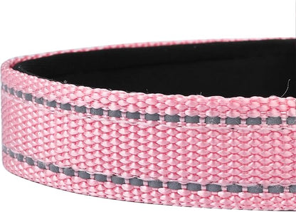 Reflective Dog Collar, Adjustable Soft Neoprene Padded Nylon Pet Collars with Buckle for Medium Dogs, Light Pink,M