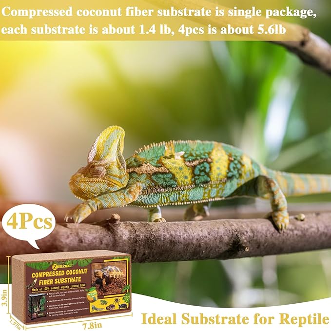 ZeeDix 4 Pack Compressed Coconut Fiber Substrate, 100% Organic Coconut Husk Coir Brick Terrarium Bedding for Reptiles, Tortoise, Bearded Dragon, Leopard Gecko, Snake, Hermit Crabs, Frogs, Tarantula