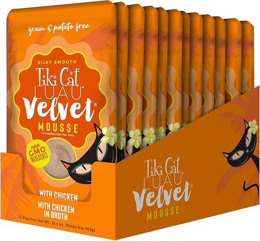 Tiki Cat Luau Velvet Mousse, Chicken in Broth, Complete Nutrition for Balanced Diet, Wet Cat Food For All Life Stages, 2.8 oz. Pouch (Pack of 12)