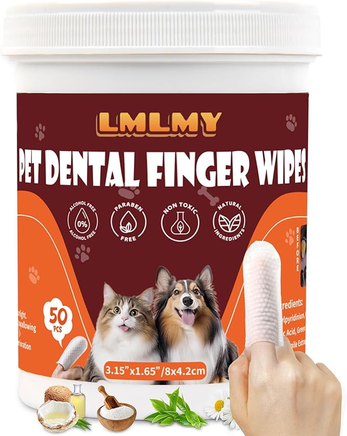 Dog Dental Wipes - Tooth Brushing Kit for Cats & Dogs - Dog Toothbrush Finger Dental Wipes to Remove Plaque & Tartar,Effective Teeth Cleaner (50PCS)