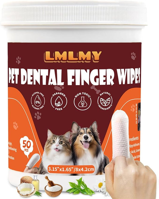 Dog Dental Wipes - Tooth Brushing Kit for Cats & Dogs - Dog Toothbrush Finger Dental Wipes to Remove Plaque & Tartar,Effective Teeth Cleaner (50PCS)