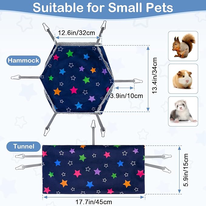 Bienbee 2 Pcs Ferret Rat Hammock Set for Cage Washable Guinea Pig Hideout Bed Soft Small Animal Hammock Tunnel Toys Ferret Cage Accessories for Hedgehog Sugar Glider Squirrel Hamster, Blue Stars