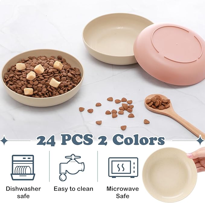 Tioncy 24 Pcs Fatigue Relief Cat Bowl 5.5 Inch Shallow Cat Food Dish Wide and Small Pet Wet Plate Wide Stray Wet Feeding Bowl for Ferrets Feral Short Legged Kitten, Wheat Straw(Pink, Beige,Classic)