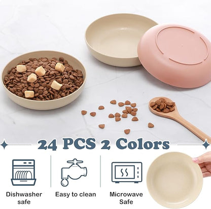 Tioncy 24 Pcs Fatigue Relief Cat Bowl 5.5 Inch Shallow Cat Food Dish Wide and Small Pet Wet Plate Wide Stray Wet Feeding Bowl for Ferrets Feral Short Legged Kitten, Wheat Straw(Pink, Beige,Classic)