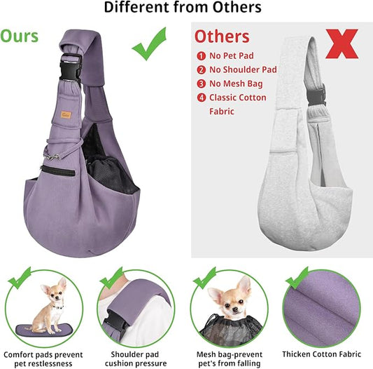 CUBY Dog and Cat Sling Carrier - Hands Free Reversible Pet Papoose Bag - Soft Pouch and Tote Design - Suitable for Puppy, Small Dogs Cats Outdoor (Purple, Adjust Strap 2.0)