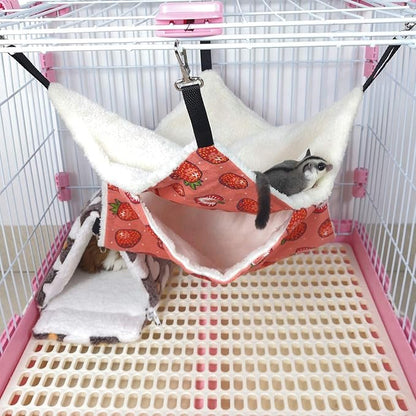 LEFTSTARER Pet Small Animal Hanging Hammock Ferret Bunkbed Hammock Cage Toy for Hamster Rat Sugar Glider Parrot Guinea Pig Hideout Play Sleep (Strawberry X 2pcs)