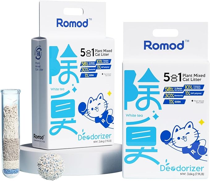 2Bags 5-in-1 Tofu Cat Litter, Mixed Cassava, Bentonite, Baking Soda, SAP, Natural Plant, Fast Clumping, Strong Water Adsorption & Deodorization, No Tracking, Dust-Free, Flushable, (7.9lbs x 2)