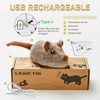 Cat Toys Squeaky Rechargeable Moving Mouse with Dynamic Magic Tail, Automatic Self Play Mouse Interactive Cat Toy for Indoor Cats, Kitten's Electric Multi-Mode Activated Mouse Toy (Brown)