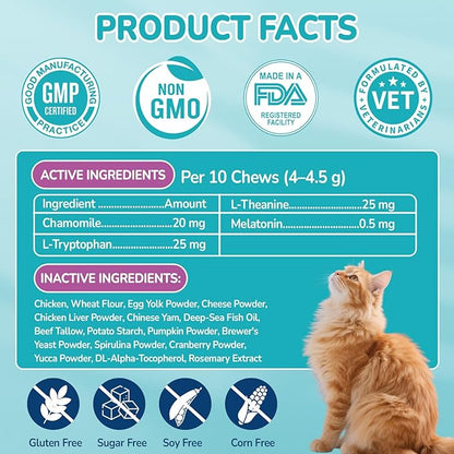 Cat Calming Treats, 500 Crunchy & Creamy Calming Chews for Cats, Natural Calming Cat Treats to Manage Stress & Anxiety, Tasty Calm Chews Supplement, Chicken Flavor