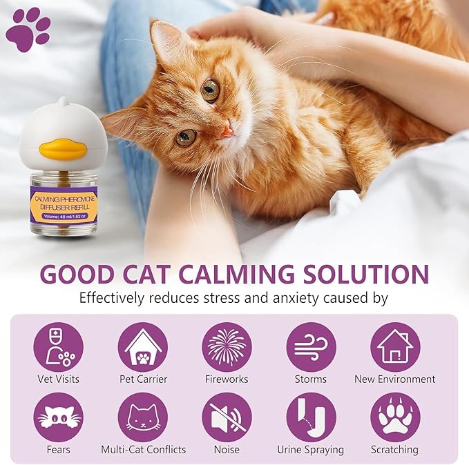 Cat Calming Diffuser Kit 6-in-1, Cat Pheromone Diffuser for Stress and Anxiety Relief, Includes 2 Plug-Ins + 4 Refills (48ml Each), 120-Day Supply, Drug-Free Comfort for Cats and Kittens - Purple