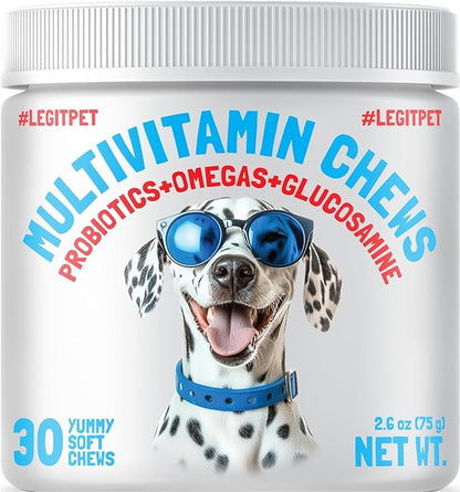 Dog Vitamins - 30 Multivitamins Chews w/Glucosamine Chondroitin, Probiotics Digestive Enzymes and Omegas - Supplement for Overall Health - Joint Support, Immune Health, Skin and Heart Health