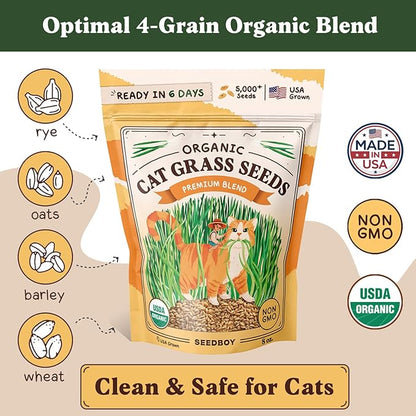 Seedboy Organic Cat Grass Seeds for Planting, Non-GMO Wheat, Oat, Rye, and Barley Pet Grass Seeds for Indoor Cats (8 oz)