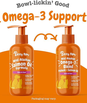 Zesty Paws Wild Alaskan Omega-3 Blend Pollock + Salmon Oil for Dogs and Cats- Skin and Coat Support, Omega 3 Supplement for Pets, 8.5oz