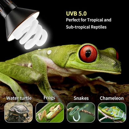 UVB Light Bulb for Reptiles, 9W 5.0 UVA UVB Heat Lamp Bulbs Ideal for Rainforest Reptiles, Bearded Dragons Lizard Turtle Tortoise Iguanas Chameleons Snake (2 Pack)