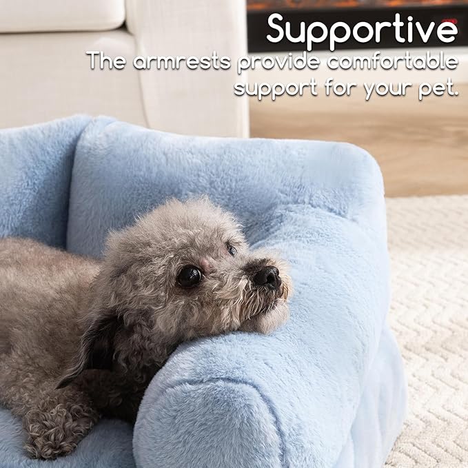 Hollypet Fluffy Plush Pet Cat Couch Soft Calming Pet Sofa Beds for Medium Small Cats and Dogs, Sky Blue