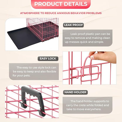 FDW Dog Crate for Small Dogs 24 Inch Folding Metal WirePet Cage Double Door W/Divider Panel Indoor Outdoor Kennel Leak-Proof Plastic Tray,Pink