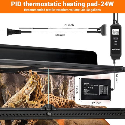 Reptile Heating Pad with PID Thermostat 8"X12" 24W, Reptile Heat Mat for 30-40gal Tank, Heat Pad with High Temperature Protection °F/°C, for Turtle/Snake/Lizard/Frog/Spider/Plant