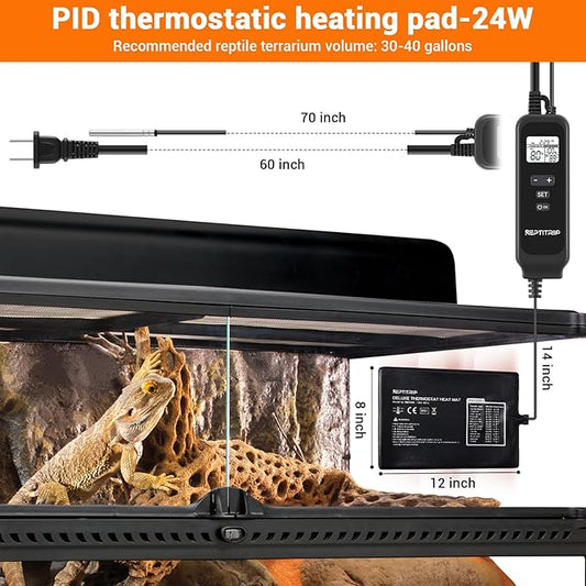 Reptile Heating Pad with PID Thermostat 8"X12" 24W, Reptile Heat Mat for 30-40gal Tank, Heat Pad with High Temperature Protection °F/°C, for Turtle/Snake/Lizard/Frog/Spider/Plant