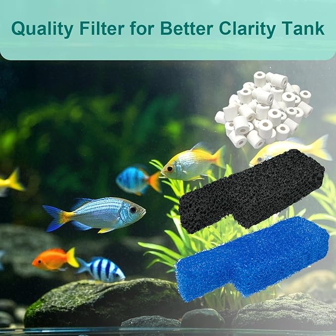 Aquarium Media Maintenance Kit Compatible with Seachem Tidal 35 Gallon Power Filters, Includes 4 Packs Ceramic Rings, 4 Packs Blue Foam Filters and 4 Packs Carbon Sponge Filters