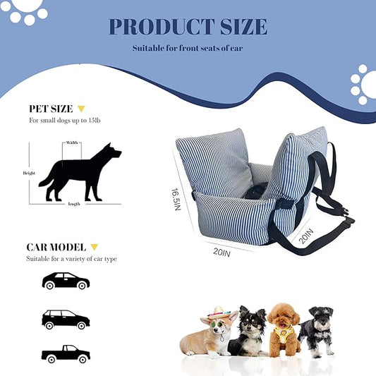 Versatile Dog Booster Car Seat Bed for Small Dogs Puppy Cats Pet Carrier with Side Pockets, Expandable Dog Bed for Auto, Blue Stripes