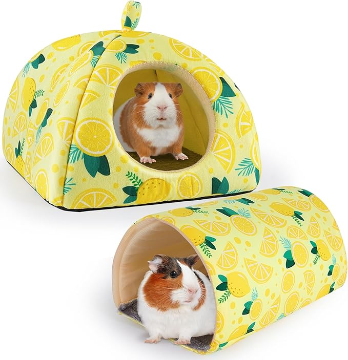 Bienbee Guinea Pig Hideout, Washable Rabbit Bed with Guinea Pig Tunnel, 2 Pack Guinea Pigs Toys Set Bunny Hideout Cage Accessories for Hamster Ferret Rabbits Bunny,Yellow Lemon