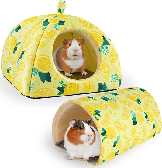 Bienbee Guinea Pig Hideout, Washable Rabbit Bed with Guinea Pig Tunnel, 2 Pack Guinea Pigs Toys Set Bunny Hideout Cage Accessories for Hamster Ferret Rabbits Bunny,Yellow Lemon