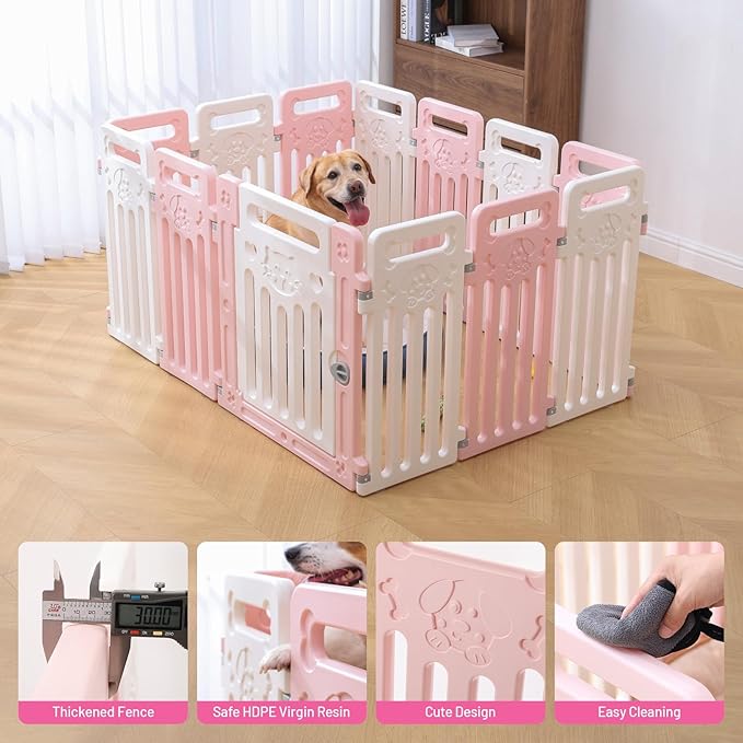 Dog Playpen Fence Clear Pet Puppy Foldable Kennel for Small Dogs Plastic Puppy Enclosure for Cat Rabbit Indoor Whelping Box for Dogs with Gate (Pink + White, 12 Panels+1 Door)