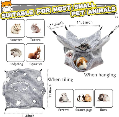 LEFTSTARER Noctilucent Luminous Guinea Pig Rat Hammock Hanging Triple-Layer Hammock Bedding for Ferret Hedgehog Squirrel Hideout Cage Accessories (Cloud)