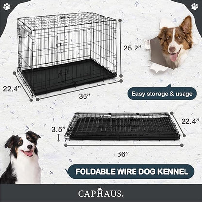 CAPHAUS Foldable Dog Crate Wire Metal Dog Kennel w/Divider Panel, Leak-Proof Pan & Protecting Feet, Single & Double Door, Small, Medium & Large Dog Crate Indoor Wire Dog Cage, 36” w/Double Doors