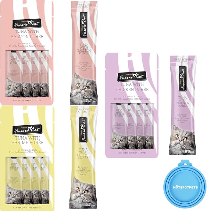 Fussie Cat Premium Puree Lickable Cat Treats in Tuna Puree, Lickable Treats, 3 Packs of 4-0.5oz Tubes,(12 Total Tubes) Variety Flavor Pack of 3 Flavors. Salmon, Shrimp, Chicken + Lid