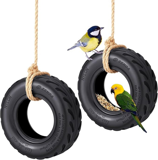 2 Pcs Tire Swing Bird Feeder for Outdoor Hanging 6 x 2 Inches with Rope Special Tire Bird Feeder Seed Catcher for Funny Swing Outside Gift