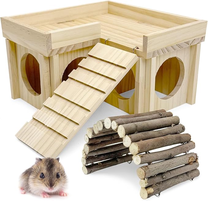 BNOSDM Wooden Hamster Hideout Dwarf Hamster Wood House with Ladder Gerbils Climbing Exploring Toys Cage Accessories for Syrian Hamsters Mice and Other Small Pets