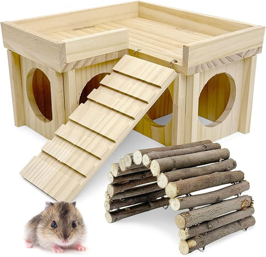 BNOSDM Wooden Hamster Hideout Dwarf Hamster Wood House with Ladder Gerbils Climbing Exploring Toys Cage Accessories for Syrian Hamsters Mice and Other Small Pets