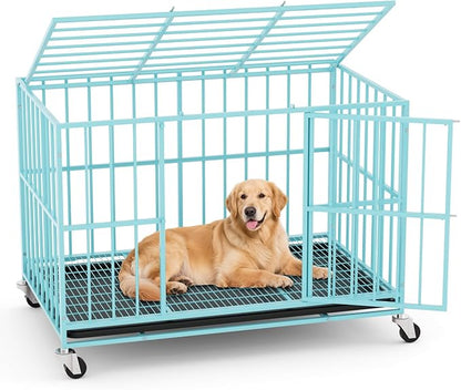 48 in Blue Heavy Duty Dog Crate Steel Escape Proof, Indoor Double Doors and Lockable Wheels,Removable Tray, for Extra Dog Breeds,XL,XXL