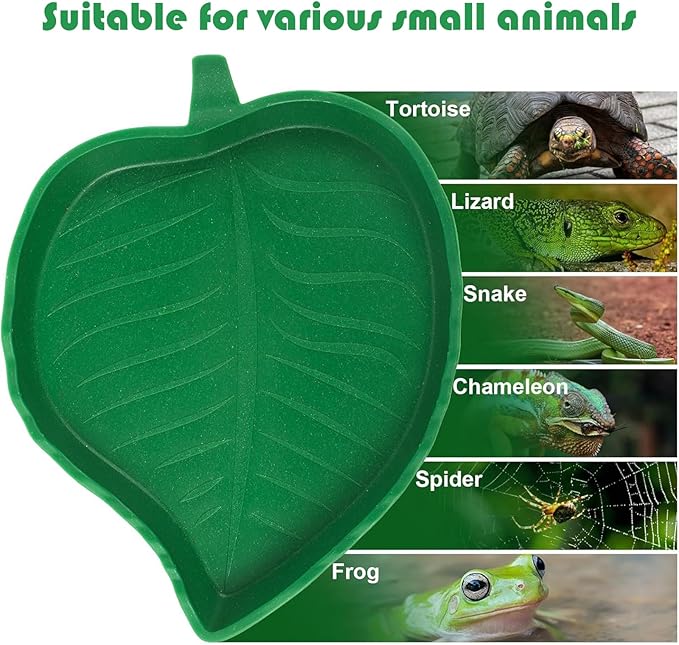KABASI 2PCS Leaf Reptile Water Dish with Tweezers, Reptile Habitat Accessories Food Bowl, Pet Feeding Plate for Tortoise Corn Snake Bearded Dragon Snake Lizard Drinking and Eating, 2 Sizes