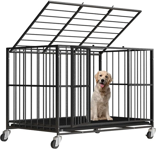 48/42/38 Inch Heavy Duty Dog Crate Steel Escape Proof,Indoor Double Door High Anxiety Cage, Removable Tray, Kennel with Wheels,XL XXL