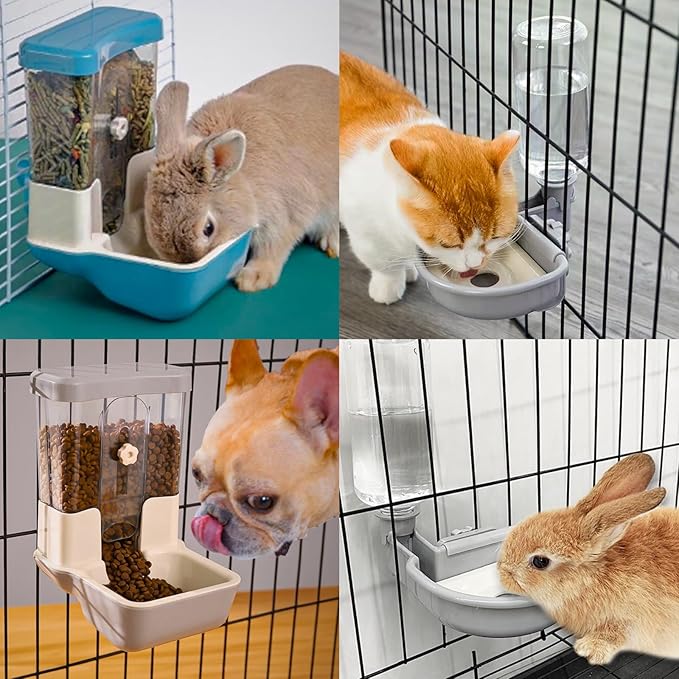 Automatic Pet Food Water Dispenser, Auto Gravity Pet Feeder Water Bottle Set for Crate, Feeding Station for Small Dog Cat Rabbit Guinea Pigs Chinchilla Ferret Hedgehog (Blue)