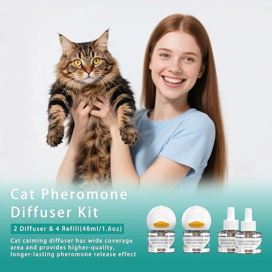 Cat Pheromones Calming Diffuser Kit, Pheromone Diffuser to Calm Cats, Multi Cat Anxiety Relief Stress Reduction, Reduce Fighting, Spraying and Scratching, 2 Diffusers & 4 Refills