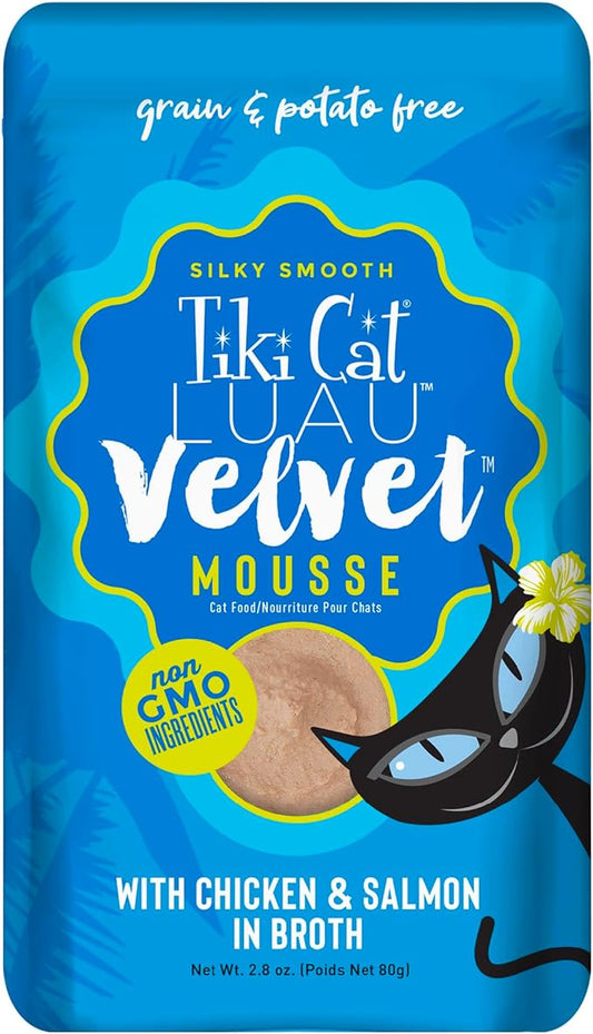 Tiki Cat Luau Velvet Mousse, Chicken & Salmon in Broth, Complete Nutrition for Balanced Diet, Wet Cat Food For All Life Stages, 2.8 oz. Pouch (Pack of 12)