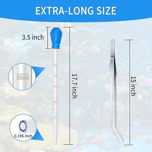 1 Piece Aquarium Coral Feeder with 1 Piece Stainless Steel Feeding Long Tweezers Syringe Spot Coral Feeder Reptile Feeding Tools for Aquatic Plant Reef Anemones Lionfish (Blue, Silvery)