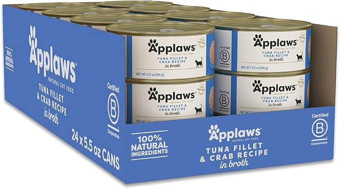 Applaws Natural Wet Canned Cat Food, Limited and Natural Ingredients, High Protein with No Artificial Additives, Tuna Fillet & Crab in Broth (24 x 5.5oz Cans)