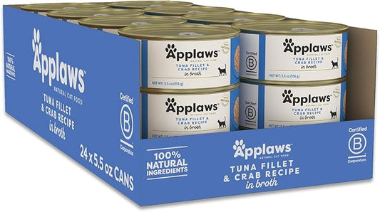 Applaws Natural Wet Canned Cat Food, Limited and Natural Ingredients, High Protein with No Artificial Additives, Tuna Fillet & Crab in Broth (24 x 5.5oz Cans)