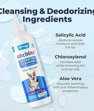 Vetnique Oticbliss Cat & Dog Ear Cleaners: Medicated Dog Ear Drops for Infection, Antiseptic Flush, & Wipes to Reduce Itchy Ears & Head Shaking - Vet Recommended for Itchy Ears (8oz, Flush)