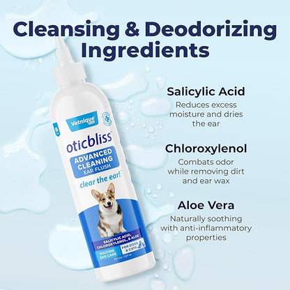 Vetnique Oticbliss Cat & Dog Ear Cleaners: Medicated Dog Ear Drops for Infection, Antiseptic Flush, & Wipes to Reduce Itchy Ears & Head Shaking - Vet Recommended for Itchy Ears (8oz, Flush)