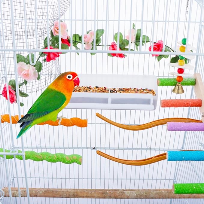 2 Pcs Bird Plastic Double Slot Feeder, Pigeon Food and Water Feeder Cup, Cage Standing Frame Feeder with 2 Plastic Food Spoon