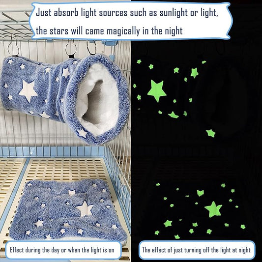 Noctilucent Luminous Guinea Pig Rat Hammock Bunkbed Hanging Tunnel and Soft Bed Mat for Ferret Hedgehog Chinchilla Squirrel Hamster Mice Sugar Glider Hideout Cage Accessories (1. Tunnel Hammock)