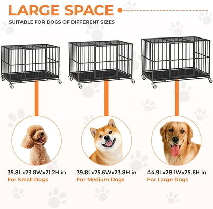 48/42/38 Inch Heavy Duty Dog Crate Steel Escape Proof,Indoor Double Door High Anxiety Cage, Removable Tray, Kennel with Wheels,XL XXL
