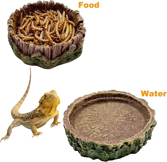 2 Pack Small Reptile Food Bowls, Reptile Feeding Terrarium Bowls for Bearded Dragon Lizard Frog Gecko Tortoise Hermit Crab Snail (Brown B)