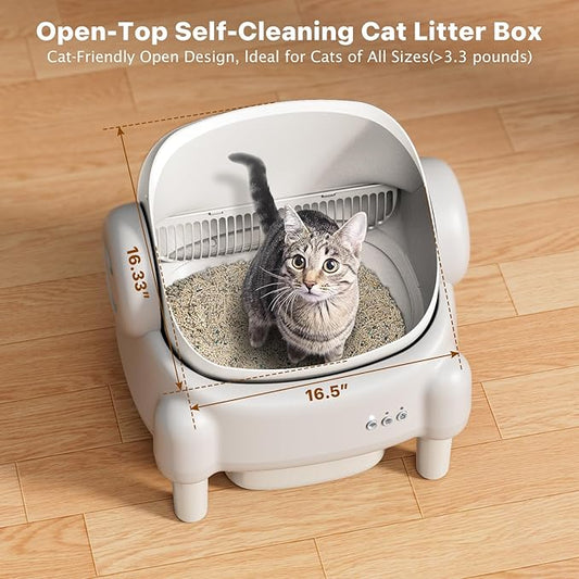 Self Cleaning Litter Box,Open Top Automatic Litter Box with App Control for Multiple Cats, Safety Sensors Protection, Odor Control Includes 2 roll Liners,Large Waste Bin, Cream White