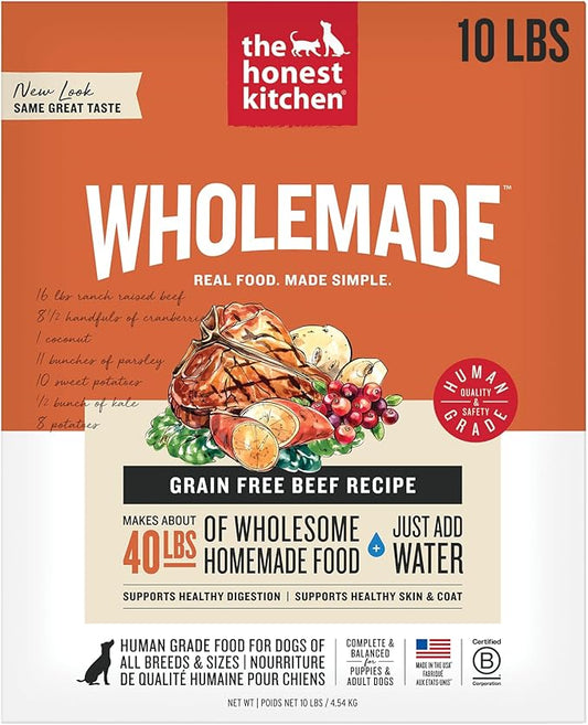 The Honest Kitchen Human Grade Wholemade™ Dehydrated Grain Free Dog Food - Complete & Balanced Meal or Topper, Beef 10 lb Box